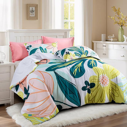 Boho Floral Queen Comforter Set - 3 Piece Farmhouse Botanical Bedding Comforter Sets for All Season Soft Lightweight Mid Century Bed Set, (1 Reversible Comforter and 2 Pillow Shams