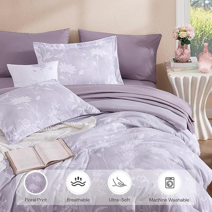 King Comforter Set -7 Pieces Floral Purple Comforter Set for All Seasons, Bed in a Bag King with Botanical Flowers Comforter, Sheets, Pillowcases & Shams
