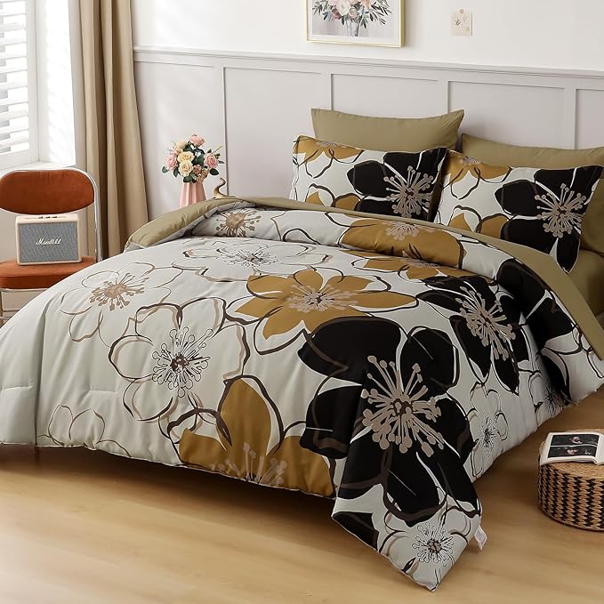 Anibedding 7 Pieces Floral Comforter Set Queen Size, Brown Black Flower Bedding Set Botanical Bed in a Bag Soft Microfiber Comforter Set with Sheets for All Season