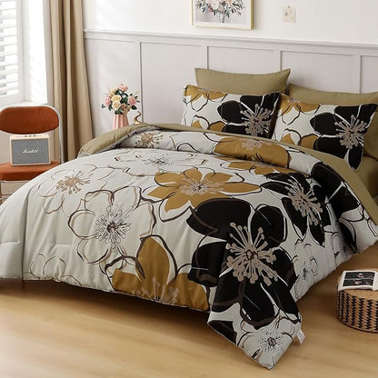 Anibedding 7 Pieces Floral Comforter Set Queen Size, Brown Black Flower Bedding Set Botanical Bed in a Bag Soft Microfiber Comforter Set with Sheets for All Season