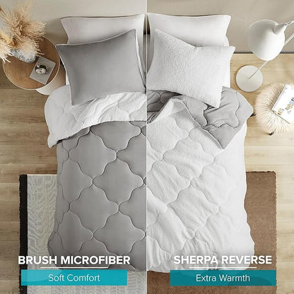Comfort Spaces Comforter Set, Chic Reversible Quatrefoil Quilting, Sherpa Comforters Queen, All Seasons, Lightweight Microfiber Bedding Set Matching Sham, Vixie, Full/Queen Grey/White 3 Piece