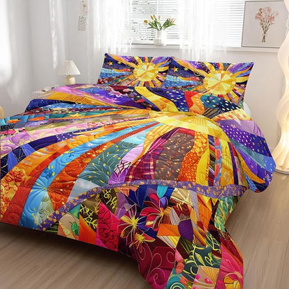 Sun Boho Comforter Set Full Size 3 Pieces Bed in a Bag,Color Wildflower Garden Floral Bedding Set for Boys Girls Women, Floral Aesthetic Rustic Farmhouse Botanical Bedroom with 2 Pillow Covers