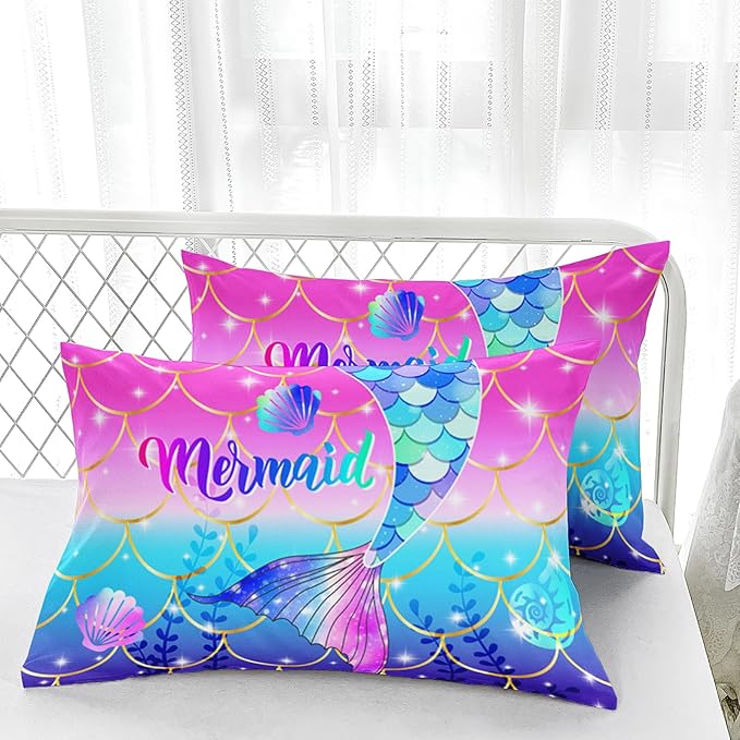 Colorful Mermaid Tail Comforter Sets King Size，Violet Seashells Bedding Sets 3PCS for Kids,Violet Seashells Bedding Sets All Season 1 Comforter and 2 Pillowcases