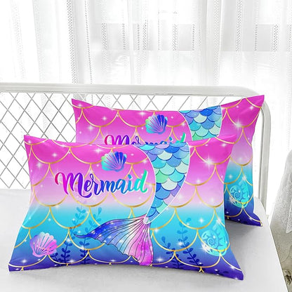 Colorful Mermaid Tail Comforter Sets King Size，Violet Seashells Bedding Sets 3PCS for Kids,Violet Seashells Bedding Sets All Season 1 Comforter and 2 Pillowcases