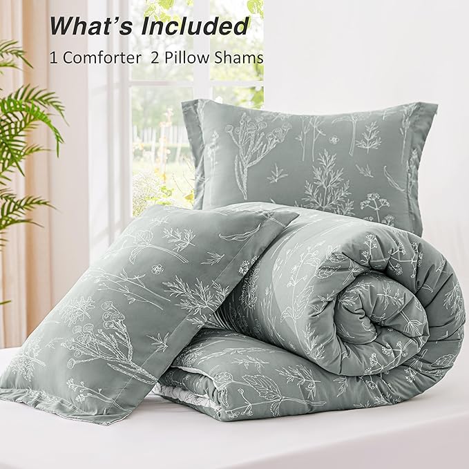 Love's cabin Grey Queen Comforter Set - Queen Size Comforter Set, 3 Pieces Cute Floral Bedding Sets for All Seasons,1 Soft Reversible Botanical Flowers Comforter and 2 Pillow Shams