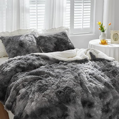 Luxury Faux Fur Shaggy Comforter Set Full/Queen Size, Plush & Sherpa Reversible Comforter Tie Dye Black, 3 Pieces Fluffy Fuzzy Bedding Set Ultra Soft and Warm for Winter (1 Comforter + 2 Pillowcases)