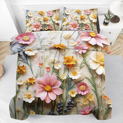 Raphus cucullatus Floral Comforter Set King Size,Pink Flower Bedding Set,Botanical Pretty Floral Quilt King Size for Modern Farmhouse Decor