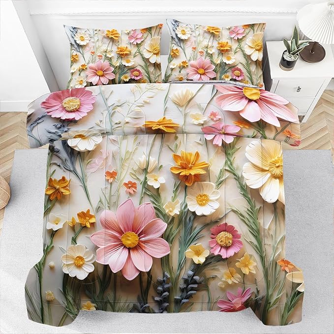 Raphus cucullatus Floral Comforter Set Queen Size,Pink Flower Bedding Set,Botanical Pretty Floral Quilt Queen Size for Modern Farmhouse Decor