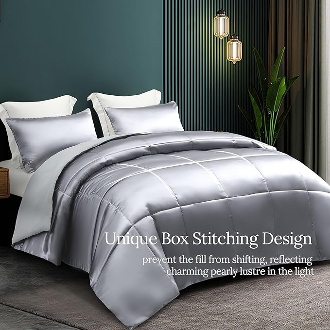 Whale Flotilla 2-Piece Reversible Silky Soft Twin Size Comforter Bedding Set, Luxurious Satin Comforters with Satin Pillowcase, Lightweight Duvet for All Seasons, Grey