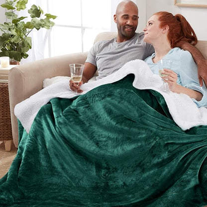 Genteele Sherpa Throw Blanket Super Soft Reversible Ultra Luxurious Plush Blanket, 90 x 90 inches, Hunter Green/White