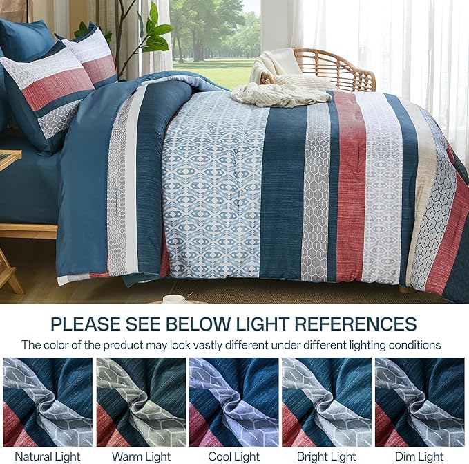 DJY Blue Comforter Set Queen Size,Boho Striped Queen Bed Set,7 Piece Patchwork Soft Microfiber Bedding Set for All Season(90"×90")
