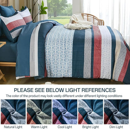 DJY Blue Comforter Set Queen Size,Boho Striped Queen Bed Set,7 Piece Patchwork Soft Microfiber Bedding Set for All Season(90"×90")