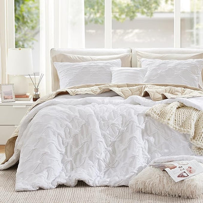 Comfort Spaces Comforter for Queen Size Bed, Ogee Ruched with Crinkle Texture, Breathable Comforter Set Queen, All Season Lightweight Bedding Set, Shams, Décor Pilow, Full/Queen White 4 Piece