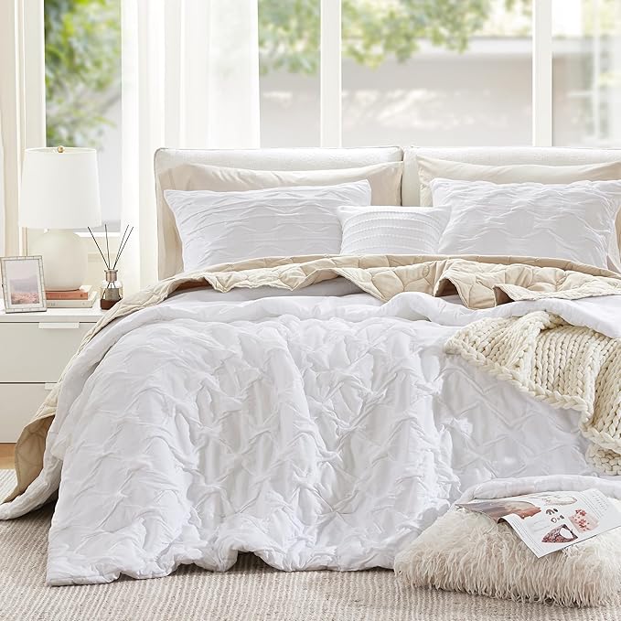Comfort Spaces Comforter for King Size Bed, Ogee Ruched with Crinkle Texture, Breathable Comforter Set King, All Season Lightweight Bedding Set, Shams, Décor Pilow, King/Cal King White 4 Piece