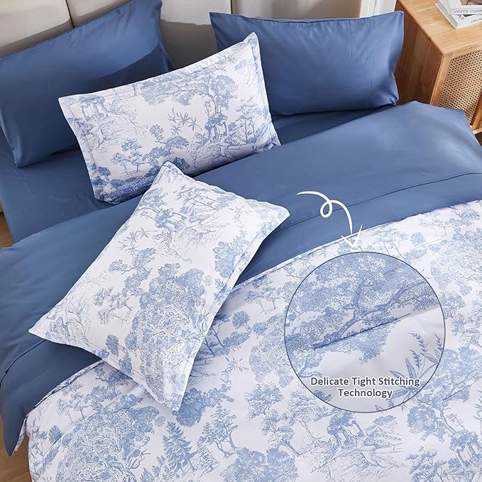 DJY Blue Comforter Set California King Size,7 Pieces Bed in a Bag Botanical Comforters with Sheets Elegant Plants Print Soft Microfiber Reversible Complete Bedding Sets for All Season