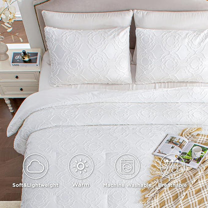 Andency White Boho Tufted Comforter Set Full(79x90Inch), 3 Pieces Floral Textured Farmhouse Bed, Soft Microfiber Down Alternative Geometric Bedding Set with 2 Pillowcases