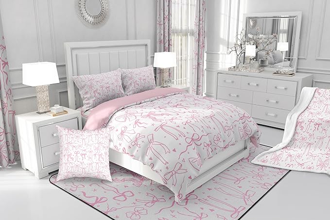 Pink Bowknot Kids Girls Comforter Set King Size,Cartoon Hand Drawn Stars Love Bow Quilt Set,Sweet Princess Style Bedding Set for Teens Woman Room Decor,Dreamy Pink White Duvet Insert 3Pcs