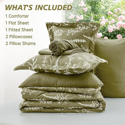 MUXHOMO Olive Green Bed in a Bag Queen 7 Pieces, Queen Comforter Set Reversible Botanical Flowers Design, Ultra Soft & Breathable Bedding Sets with Comforter, Sheets, Pillowcases & Shams