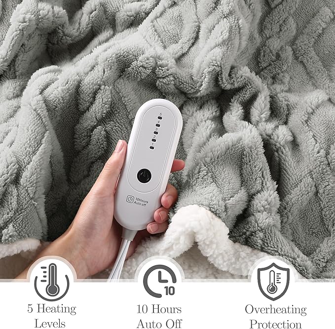 Electric Heated Blanket Twin Size 62" x 84" - Fluffy Ultra Soft Electric Blanket with 3D Stylish Design, 240g Plus 200g Sherpa, 5 Fast Heating Levels & 10 Hours Auto Off, Machine Washable, Gray