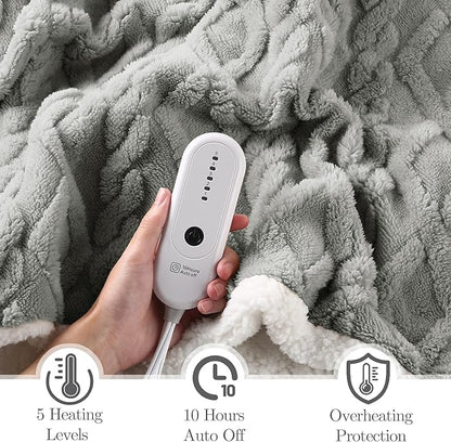 Electric Heated Blanket Twin Size 62" x 84" - Fluffy Ultra Soft Electric Blanket with 3D Stylish Design, 240g Plus 200g Sherpa, 5 Fast Heating Levels & 10 Hours Auto Off, Machine Washable, Gray