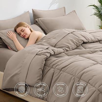 Love's cabin King Size Comforter Set Light Brown, 7 Pieces King Bed in a Bag, All Season Bedding Sets with 1 Comforter, 1 Flat Sheet, 1 Fitted Sheet, 2 Pillowcase and 2 Pillow Sham