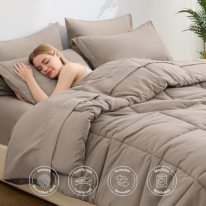 Love's cabin Full Comforter Set Light Brown, 7 Pieces Full Bed in a Bag, All Season Bedding Sets with 1 Comforter, 1 Flat Sheet, 1 Fitted Sheet, 2 Pillowcase and 2 Pillow Sham