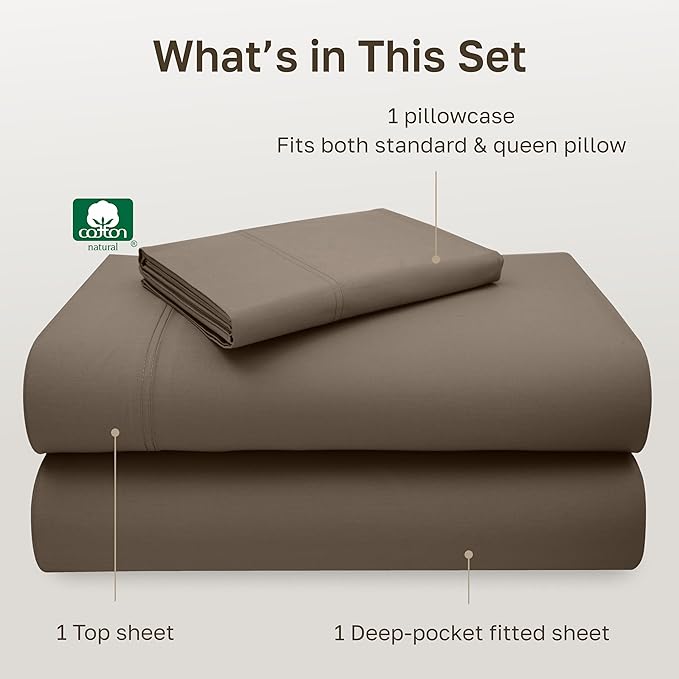 California Design Den Twin XL Sheet Set, 600 Thread Count Sateen, 100% Cotton Deep Pocket Sheets, Soft, Cooling Brown Sheet Set, Hotel-Quality Bedding (Mushroom - Taupe Brown)