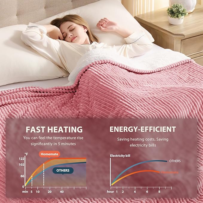 Homemate Electric Heated Blanket Full Size - 72"x84" Heating Blanket Full Size 1/2/4/6/8 Hours Auto-Off 10 Heat Level Over-Heat Protection Soft Flannel Sherpa ETL Certification