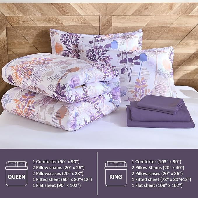 Anibedding Full Size Comforter Set, Purple Botanical Bed in a Bag Complete Set with Sheet Pillowcase for Kid's Bedroom All Season