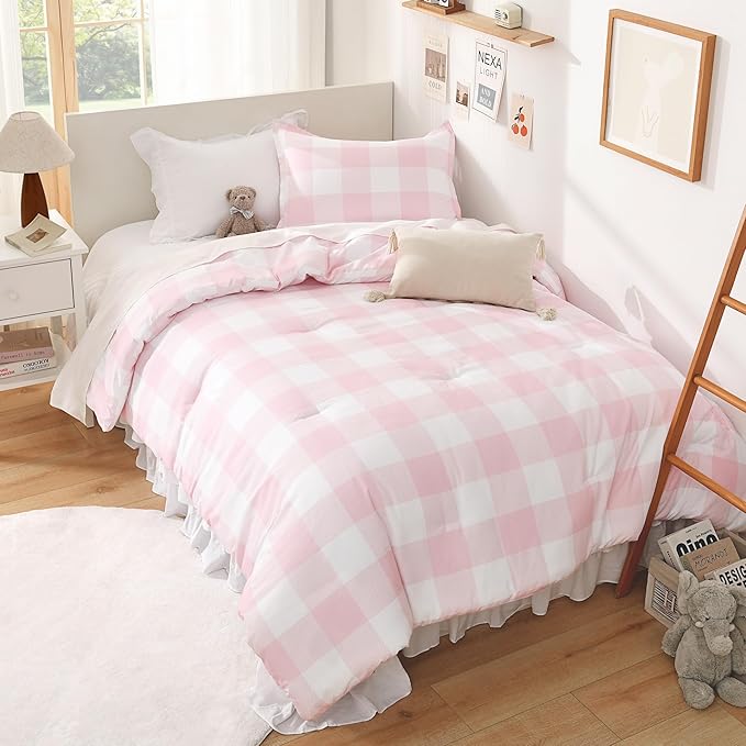 Andency Pink Checkered Comforter Twin(66x90Inch), Plaid Gingham Buffalo Plaid Grid Bedding Sets for Girls Kids Women Kids Teens, 2 Pieces Lightweight Microfiber Geometric Preppy Bed Set