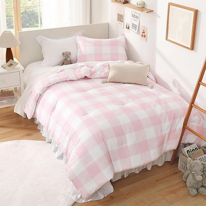 Andency Pink Checkered Comforter Full(79x90Inch), Plaid Gingham Buffalo Plaid Grid Bedding Sets for Girls Kids Women Kids Teens, 3 Pieces Lightweight Microfiber Geometric Preppy Bed Set