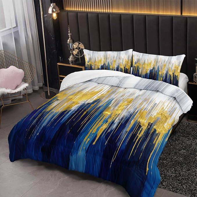 Blue White Gold Gradient Color Print Comforter Set Full Size,Abstract Art Bedding Set,Patchwork Printed Quilted Set for Teens Adult,with 1 Comforter and 2 Pillow Case
