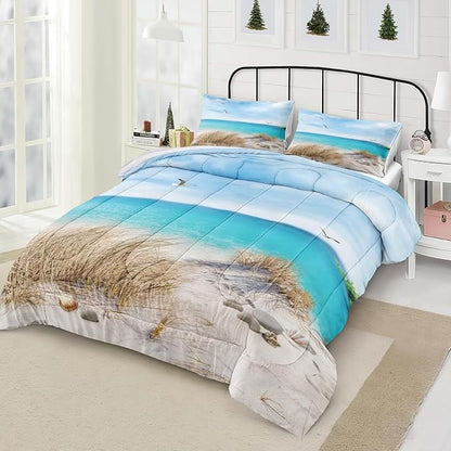MOVE OVER Blue Ocean Comforter Set King Size Coastal Bedding Set 3 Pcs Beach Themed Comforter Set White Seagull and Seaside Rocks Seascape Ocean Bedding Sets