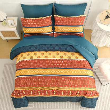 WONGS BEDDING Boho Comforter Set King Size,7 Pieces Bed in a Bag Bohemian Striped Bedding Set,Burnt Orange Paisley Floral Comfortet and Sheet Set,Soft Microfiber Bedding Sets for All Season