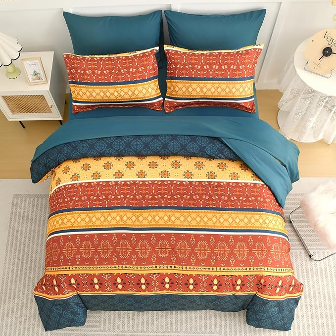 WONGS BEDDING Boho Comforter Set Queen Size,7 Pieces Bed in a Bag Bohemian Striped Bedding Set,Burnt Orange Paisley Floral Comfortet and Sheet Set,Soft Microfiber Bedding Sets for All Season