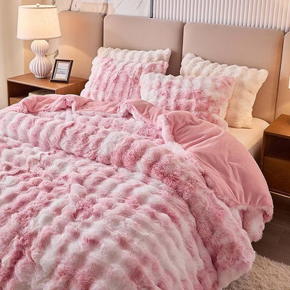 King Faux Rabbit Fur Comforter Set - 3 Pieces Fluffy Bedding Set Ultra Soft Warm Shaggy Plush Winter Flannel Bedding Set for Girls Women, Skin Friendly Sherpa Comforter Bed Set & 2 Pillow Shams Pink