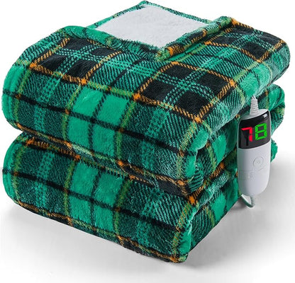 Green Heated Blanket Electric Throw 50X60, Heating Blanket for Couch, Plaid Sherpa Winter Blankets Warmer, 10 Levels & 8-Hour Auto Off, Fast Heated House Warming Gifts New Home Christmas Decor for Mom