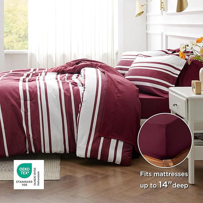 Bedsure Queen Comforter Set 7 Pieces, Burgundy Striped Bedding Set for All Seasons, Reversible, Cationic Dyeing Bed in a Bag with Comforter, Sheets, Pillowcases & Shams
