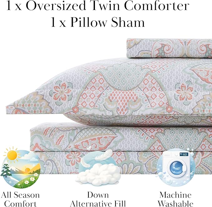Southshore Fine Living, Inc. Enchantment Collection - Oversized Comforter Twin Bedding Set Down Alternative All-Season, Reversible Bedspread 2-Piece with Matching sham, XL/Twin Comforter Set, Coral