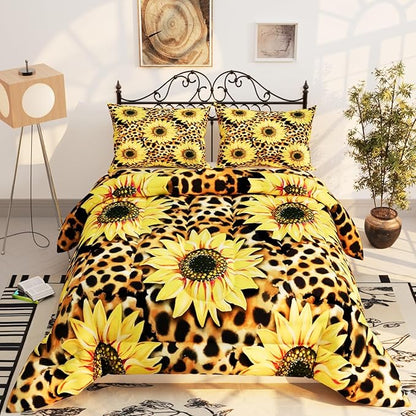 Sunflower Comforter Sets for Kids Adults,3D Pattern with Bright Yellow Colors,Decorative Bedding Comforter Sets with 2 Pillow Shams, Queen Size