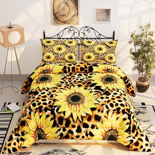 Sunflower Comforter Sets for Kids Adults,3D Pattern with Bright Yellow Colors,Decorative Bedding Comforter Sets with 2 Pillow Shams, Queen Size
