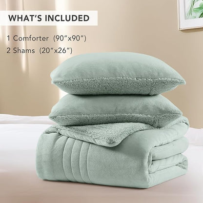 Monbix Fluffy Queen Comforter Set Sage Green, Sherpa Plush Fuzzy Comforter 3 Piece for Queen Size Bed, Luxury Soft Winter Warm Bedding Set