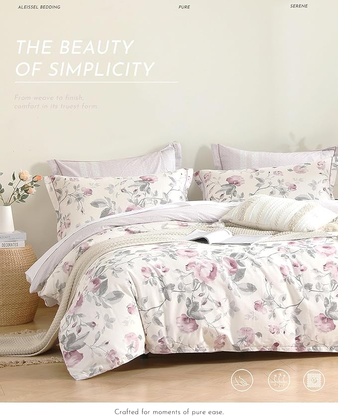 Vintage Cotton 3pcs Floral Comforter Sets Queen Size - Dusty Rose & Soft Gray Foliage on White, Blush French Striped Patchwork Reverse, Neutural Lightweight Bedding Sets(Queen 90"×90")
