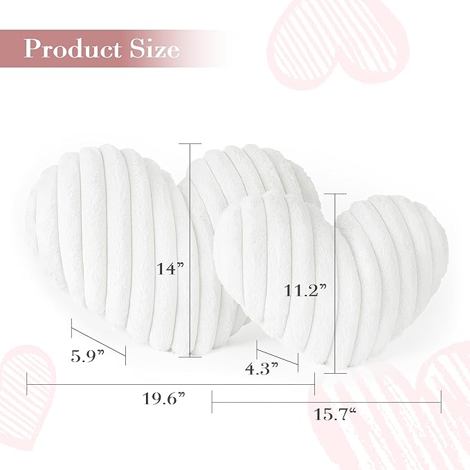AELS Heart Shaped Pillow, Set of 2, Heart Decorative Throw Pillows, Faux Fur Love Pillows Cute Pillow 20 & 16 Inches, Valentines Day Decorations, Wedding Decor, Living Room Bedroom Nursery Decor,White