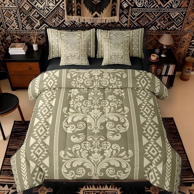 Comforter Set Full Size, Olive Green Damask Aztec 7 Pcs Bedding for Kids and Adults, Antique Decor Western Baroque Gothic Bed Sheet Sets with Fitted Sheet 2 Pillowcases & 2 Shams for Bedroom Bed Decor
