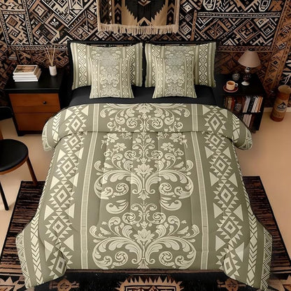 Comforter Set Full Size, Olive Green Damask Aztec 7 Pcs Bedding for Kids and Adults, Antique Decor Western Baroque Gothic Bed Sheet Sets with Fitted Sheet 2 Pillowcases & 2 Shams for Bedroom Bed Decor