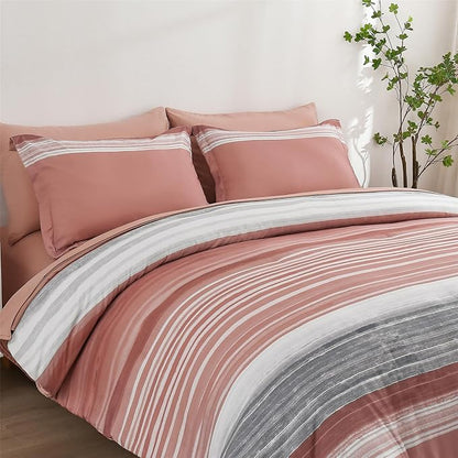 KAKIJUMN 7 Piece Bed in a Bag Stripe Comforter Set Full Size, White Grey Blush Pink Patchwork Striped Comforter and Sheet Set, All Season Soft Microfiber Complete Bedding Sets(Pink,Full)