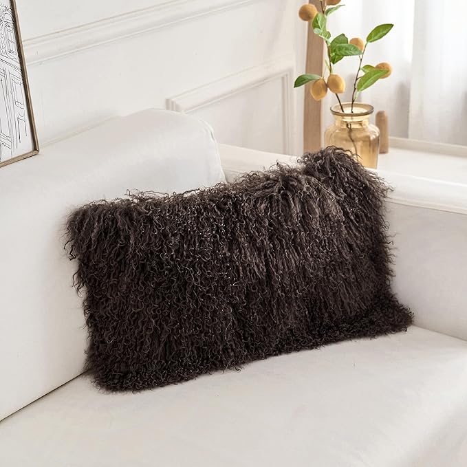 Genuine Mongolian Lamb Fur Pillow Cover – 12"x20" Rectangular Cushion Case – Soft Curly Wool Decorative Accent for Sofa, Bed, or Chair (Chocolate Brown)