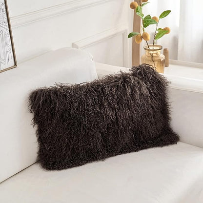 Genuine Mongolian Lamb Fur Pillow Cover – 12"x20" Rectangular Cushion Case – Soft Curly Wool Decorative Accent for Sofa, Bed, or Chair (Chocolate Brown)