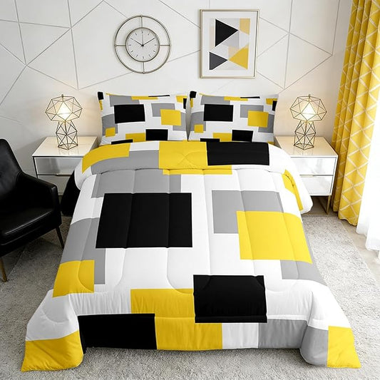 Castle Fairy Yellow Grey White Kids Comforter Set,Modern Abstract Down Alternative Adults Bedroom Decor,Geometric Grid Square Splicing Ultra Soft Microfiber Inner Fill 3Pcs Bedding Queen Size